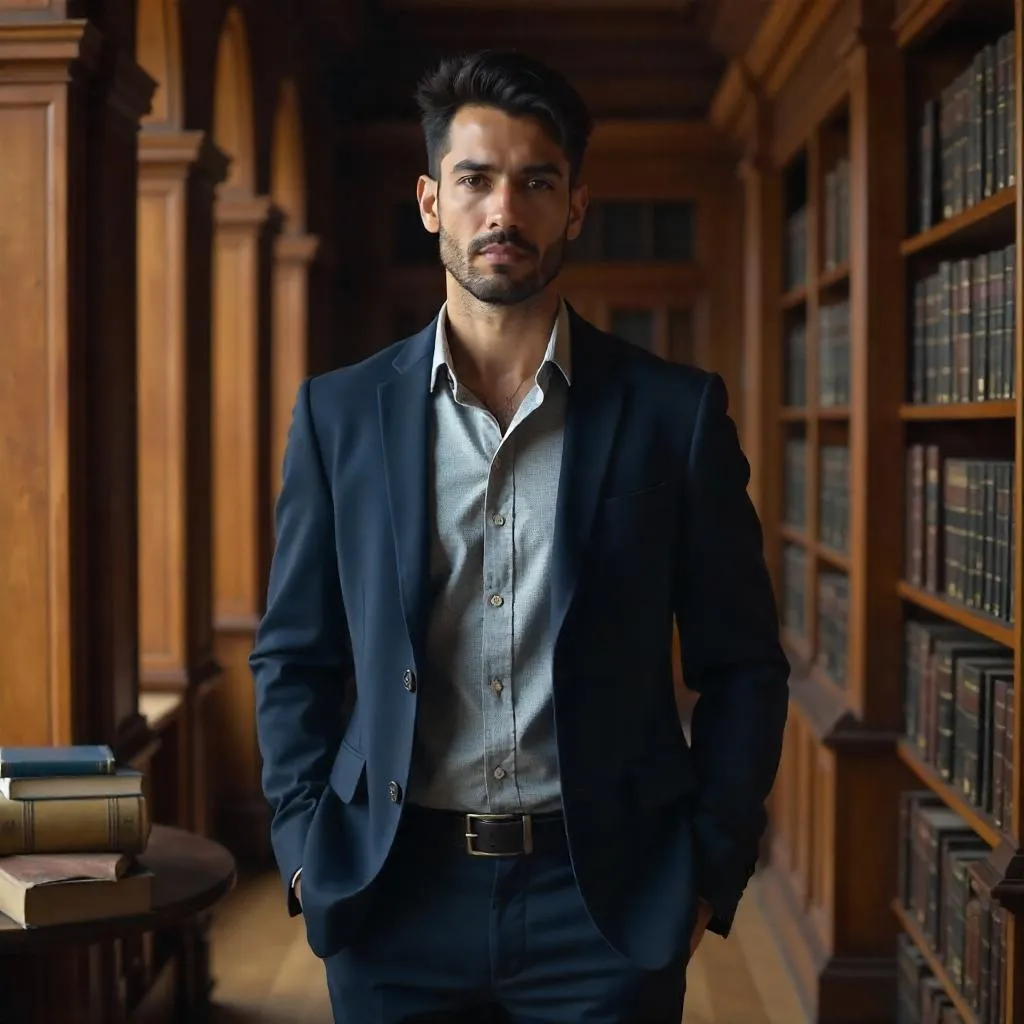 Confident Latino Man in a Grand Library