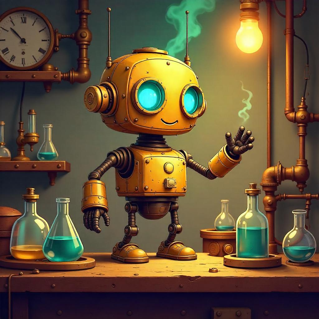 Brass Lab AI Construct in Cartoon Steampunk