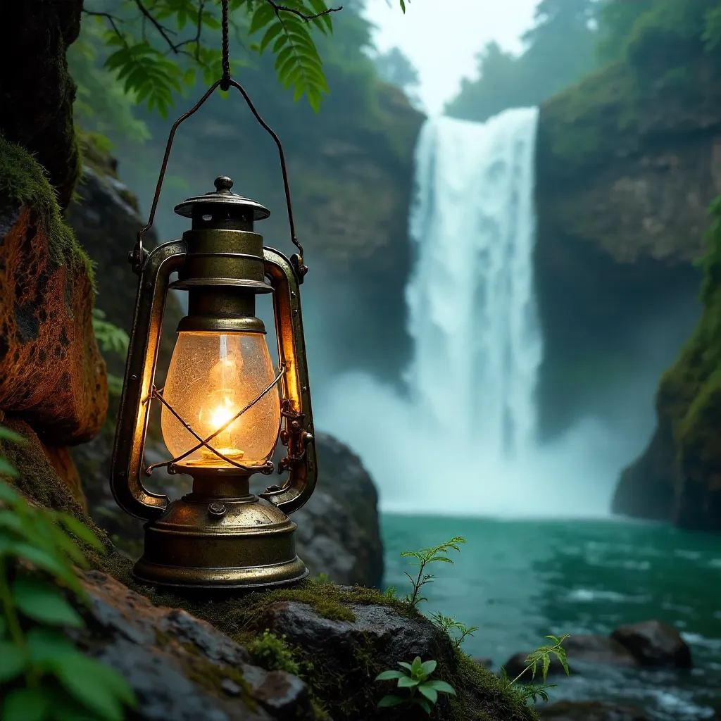 Vintage Lantern Over a Cascade on a Cloudy Day