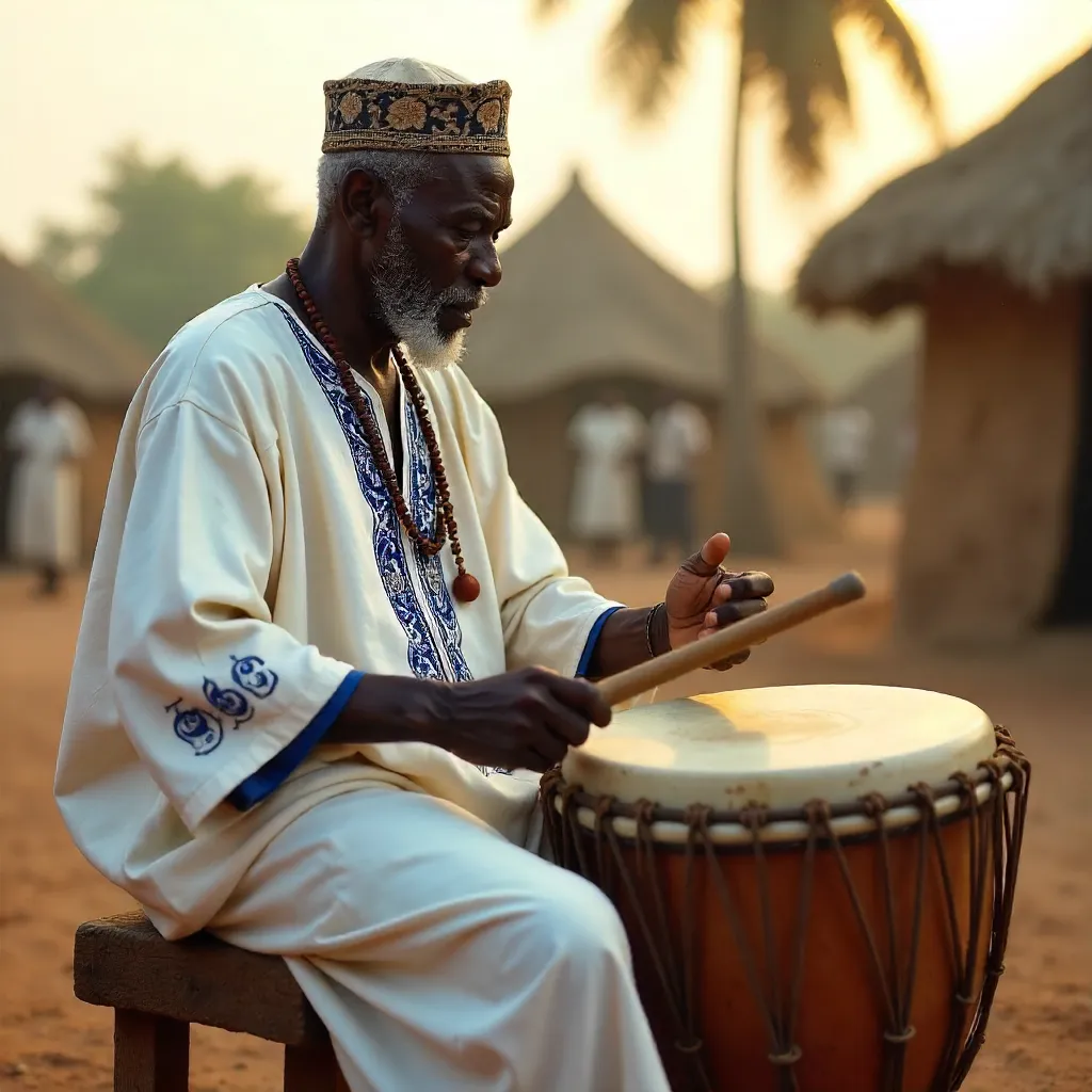 Elderly Yoruba Drummer with Talking Drums Outdoors