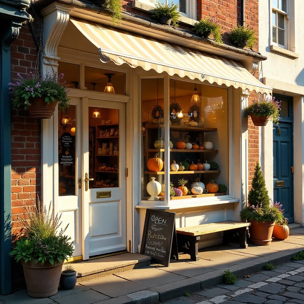 Quaint English Gift Shopfront with Seasonal Charm