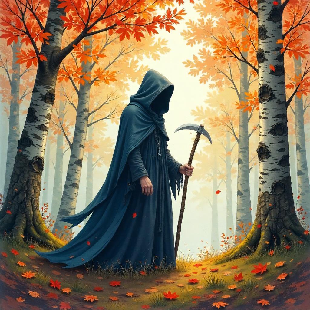 Watercolor Reaper in an Autumn Forest