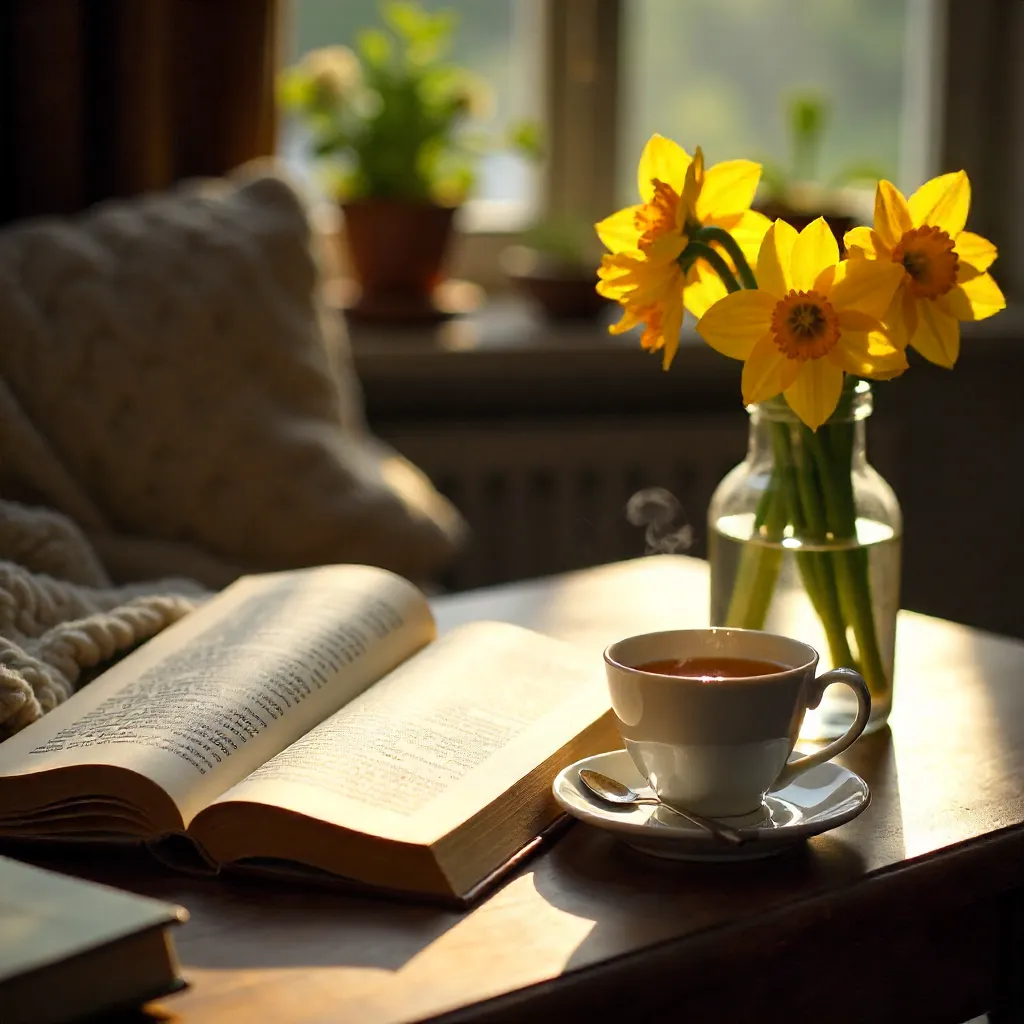 Cozy Teatime: Open Book, Tea, and Yellow Flowers