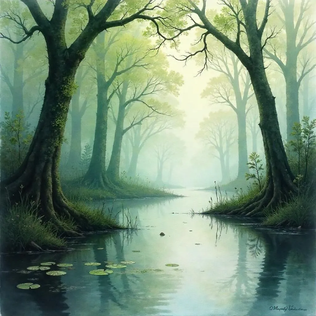 Dense Fog Over a Watercolor Swamp