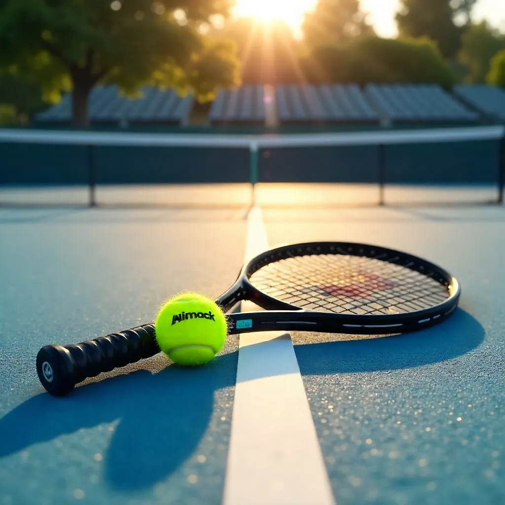 Tennis Racket and Ball on a Sunlit Court