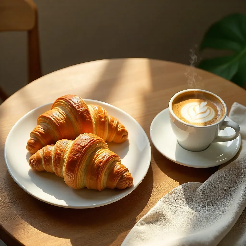 Top-Down Elegant Croissants and Coffee Breakfast