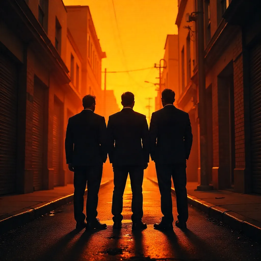 Three Silhouettes Under Fiery Orange Light