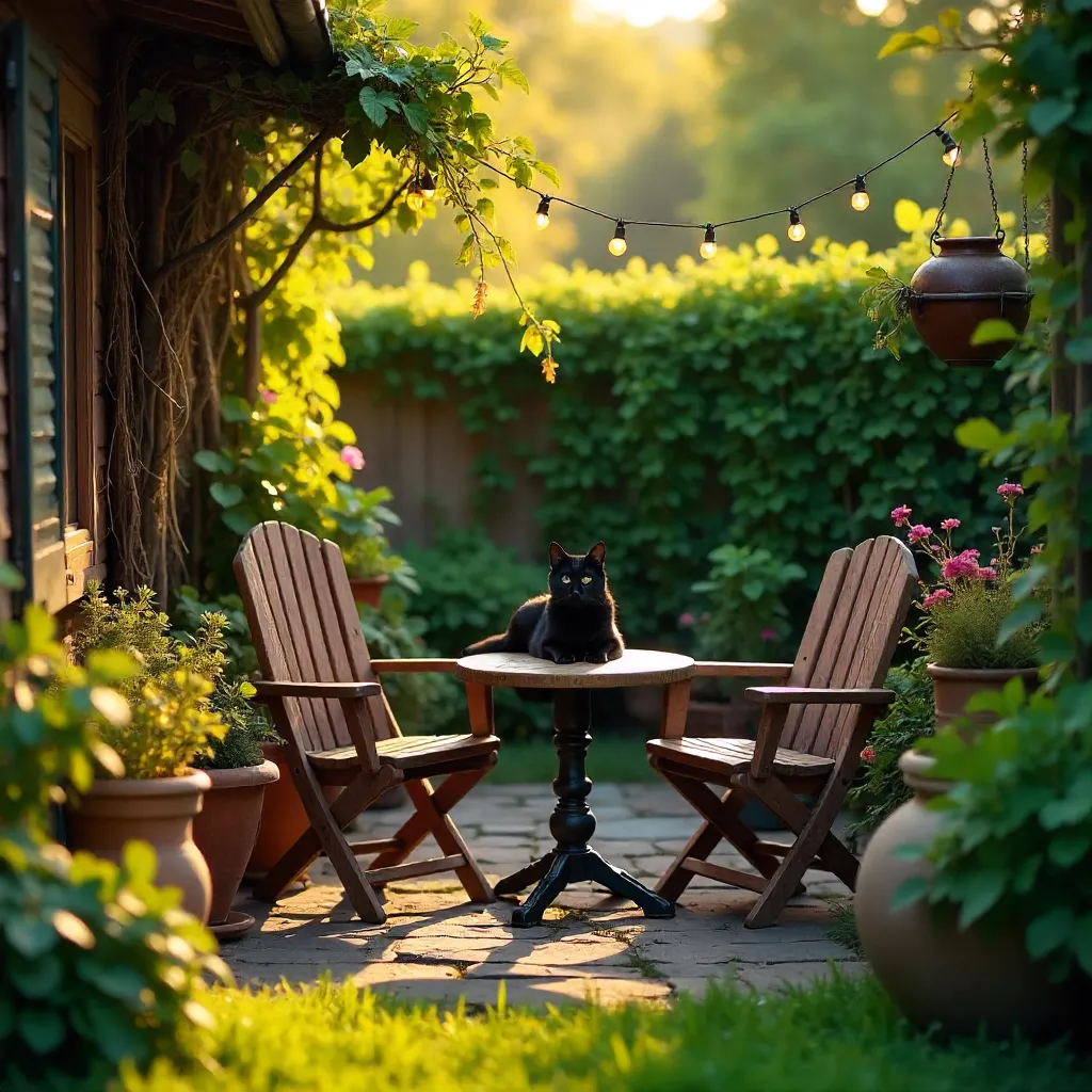 Cozy Backyard: Black Cat Beneath Lush Greenery