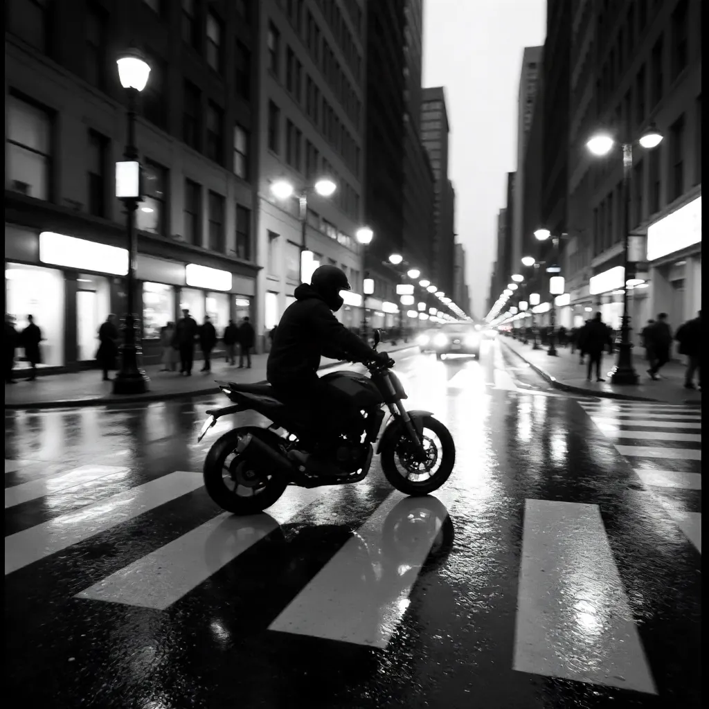 Blurred Motorcycle Crossing a Rainy Urban Street (B&W)