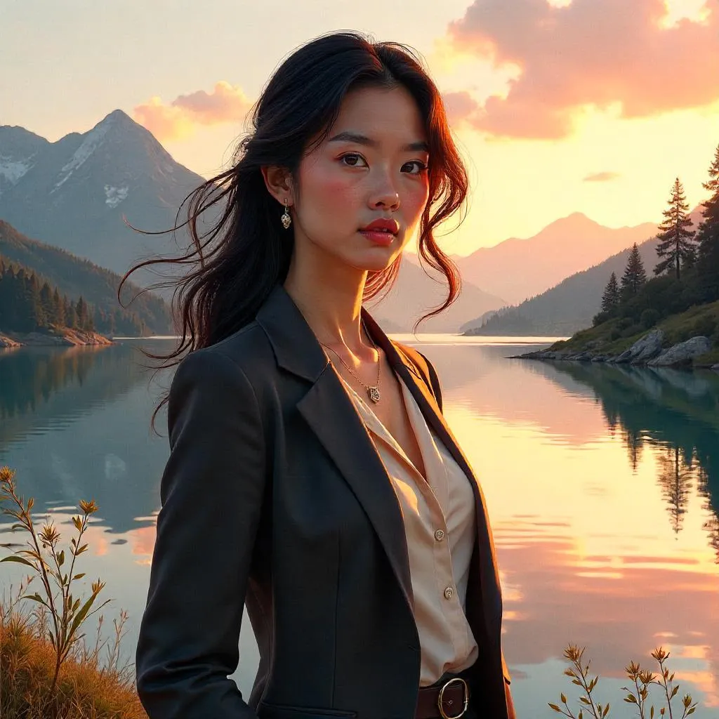 Confident Asian Woman by the Lake - Digital Art