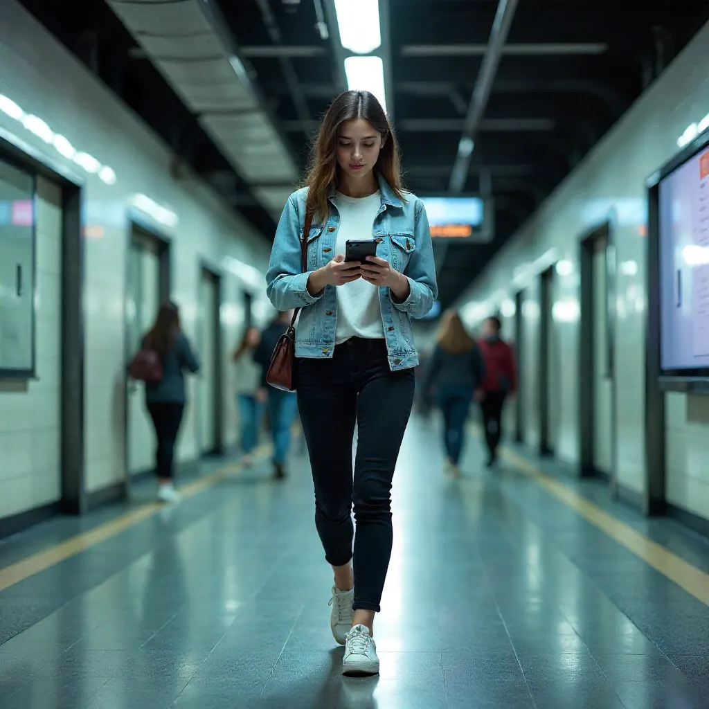 Young Woman Using Smartphone in Indoor Subway Station