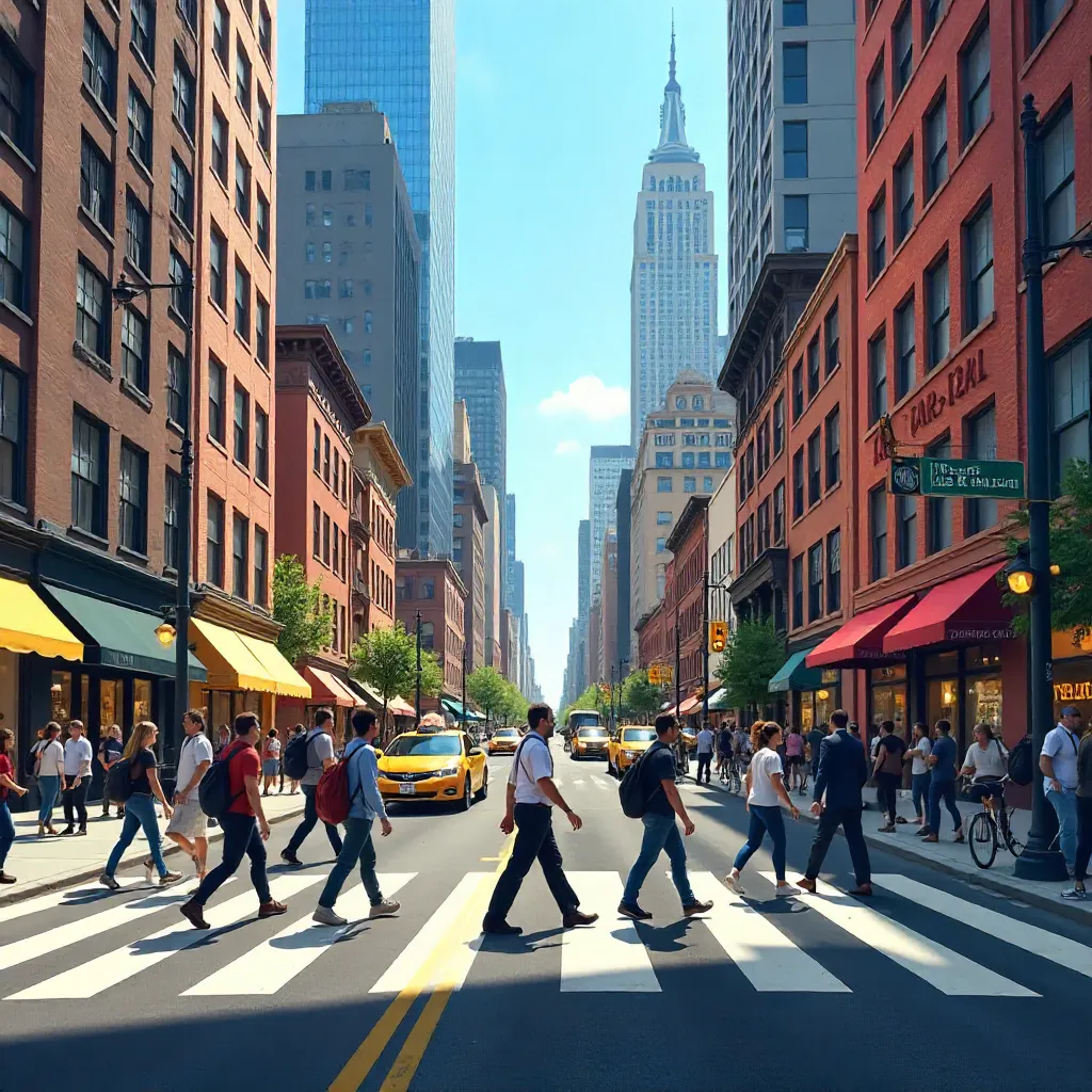 Crossing a Lively Urban Crosswalk in Bright Daylight