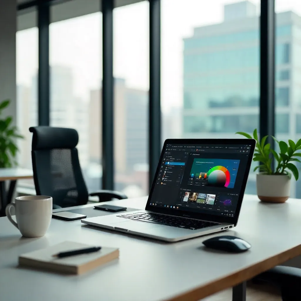 Laptop with Photo Editing Open in Modern Office