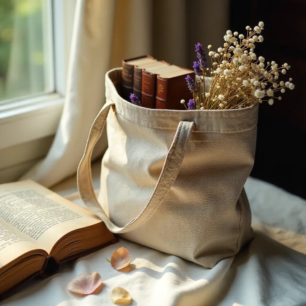 Beige Tote with Classic Books and Dried Flowers