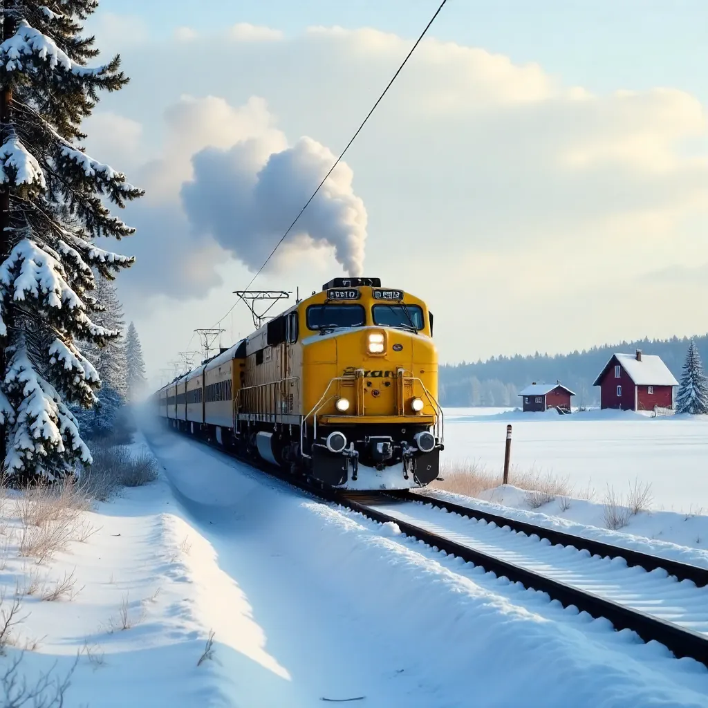 Yellow Train in Snowy Jönköping Landscape