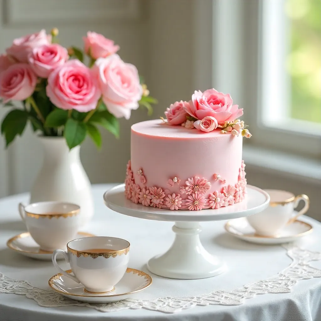 Pink Floral Cake with Elegant Tea Setting