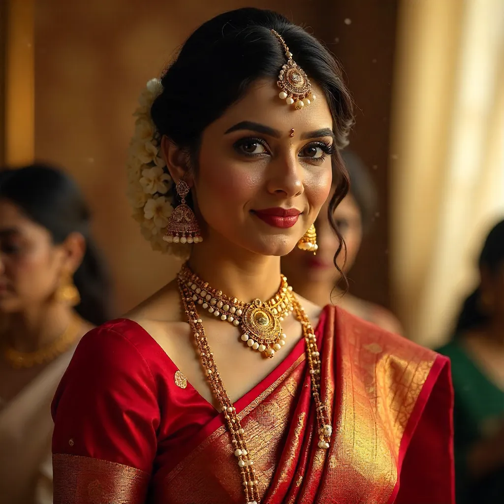 Elegant South Indian Bride in Red Kanjivaram Silk Saree