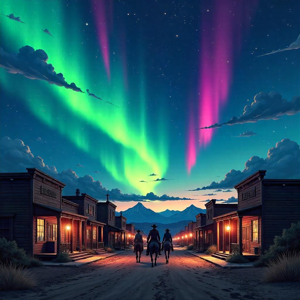 Aurora Over a Wild West Town in Anime Style