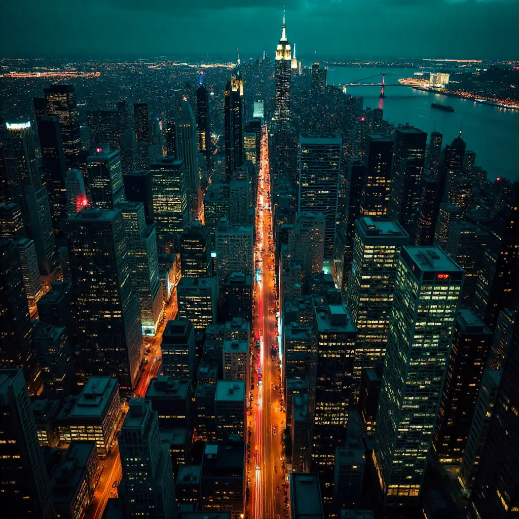 Dramatic Nighttime Manhattan Skyline from Above