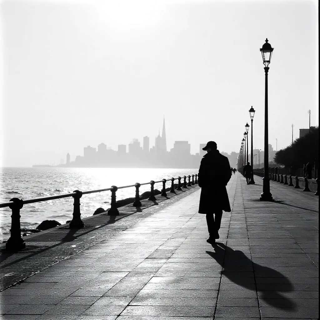 Solitary Walk on a Black and White Seaside Promenade
