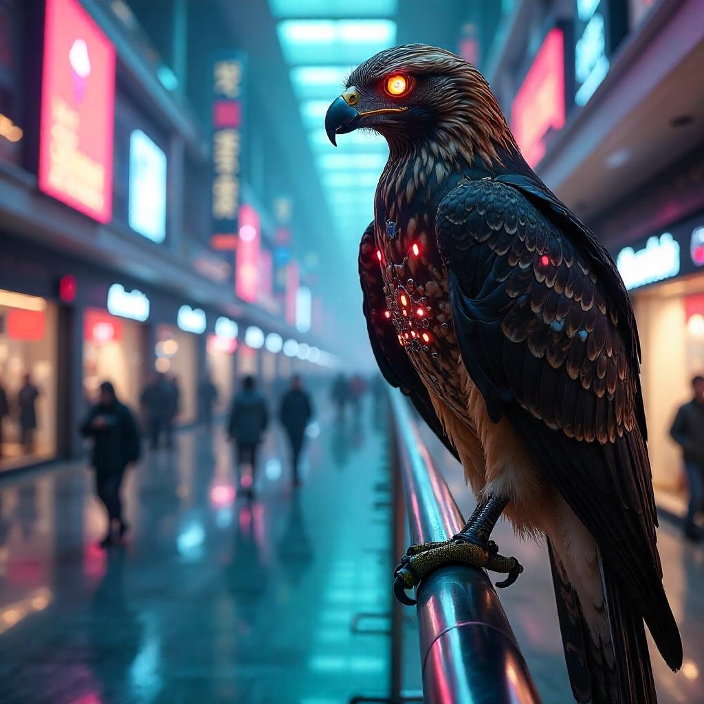 Cyberpunk Hawk in a Neon Shopping Mall