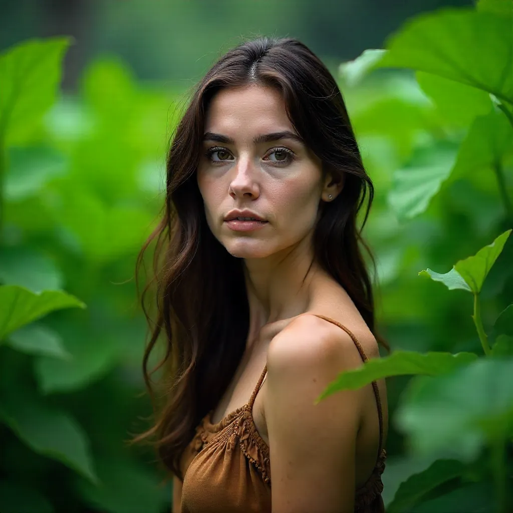 Serene Portrait Among Verdant Foliage on a Cloudy Day