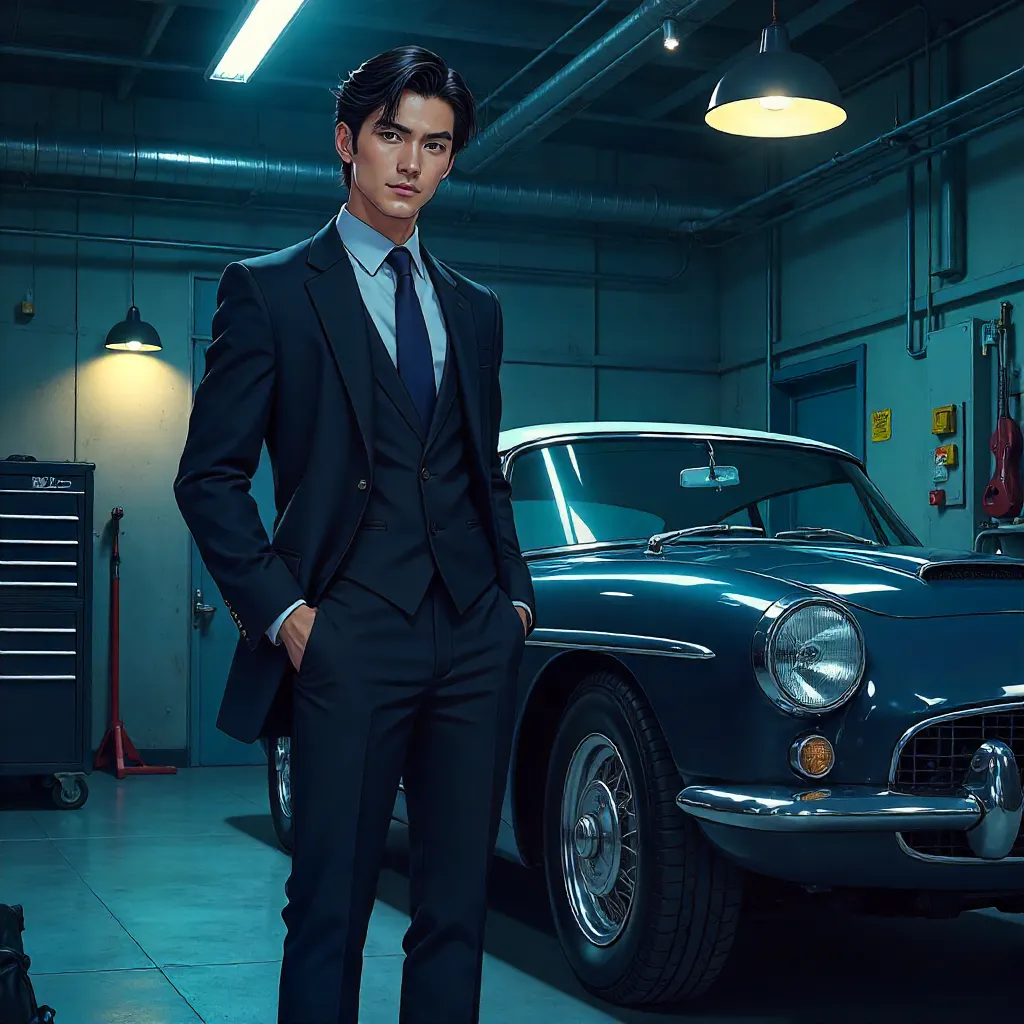 Elegant Asian Man in an Anime Garage