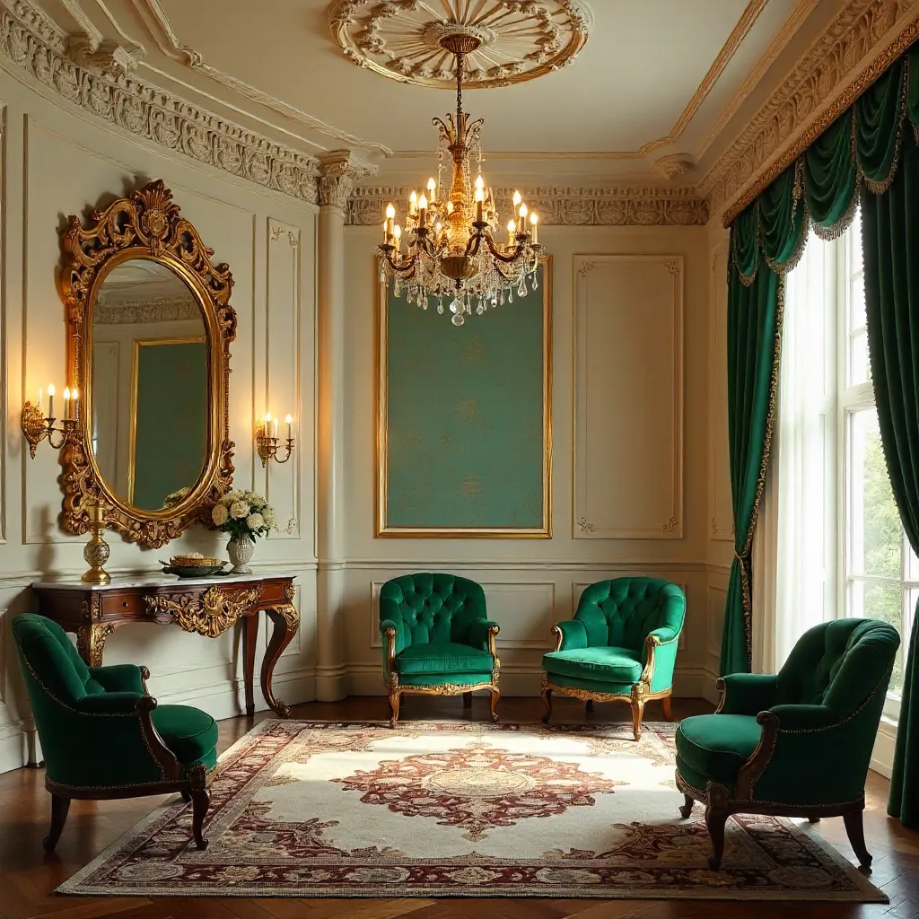 Elegant Vintage Room with Ornate Ceiling and Gold Mirror