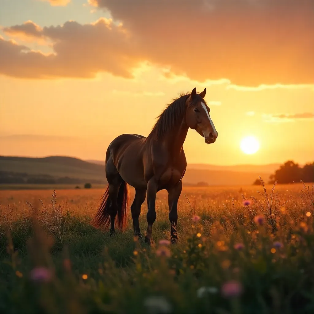 Moonrise in the Meadow: Sunset Horse at Dusk