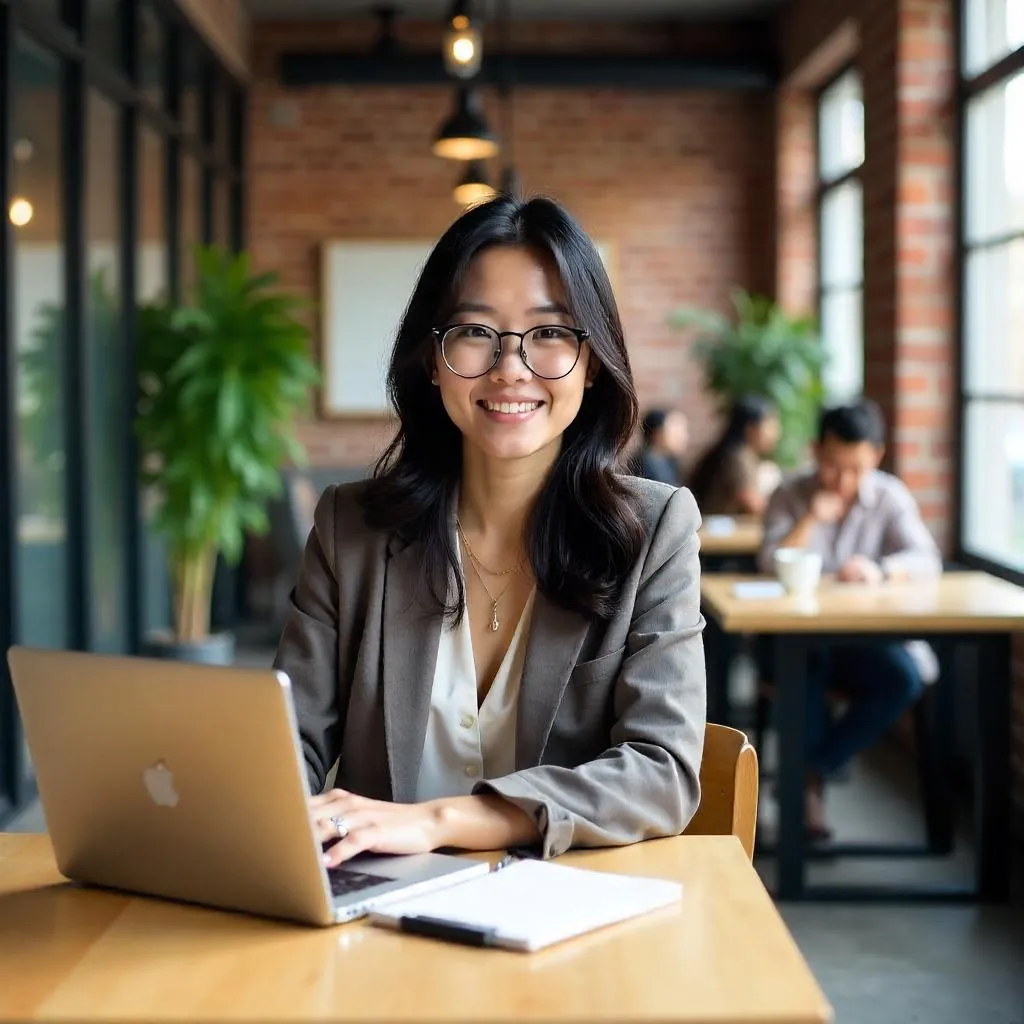 Photorealistic Stylish Asian Woman in Coworking Space