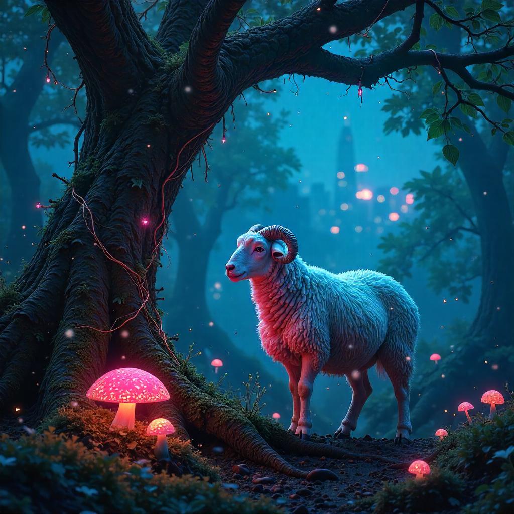 Neon Cyber Sheep in an Enchanted Grove
