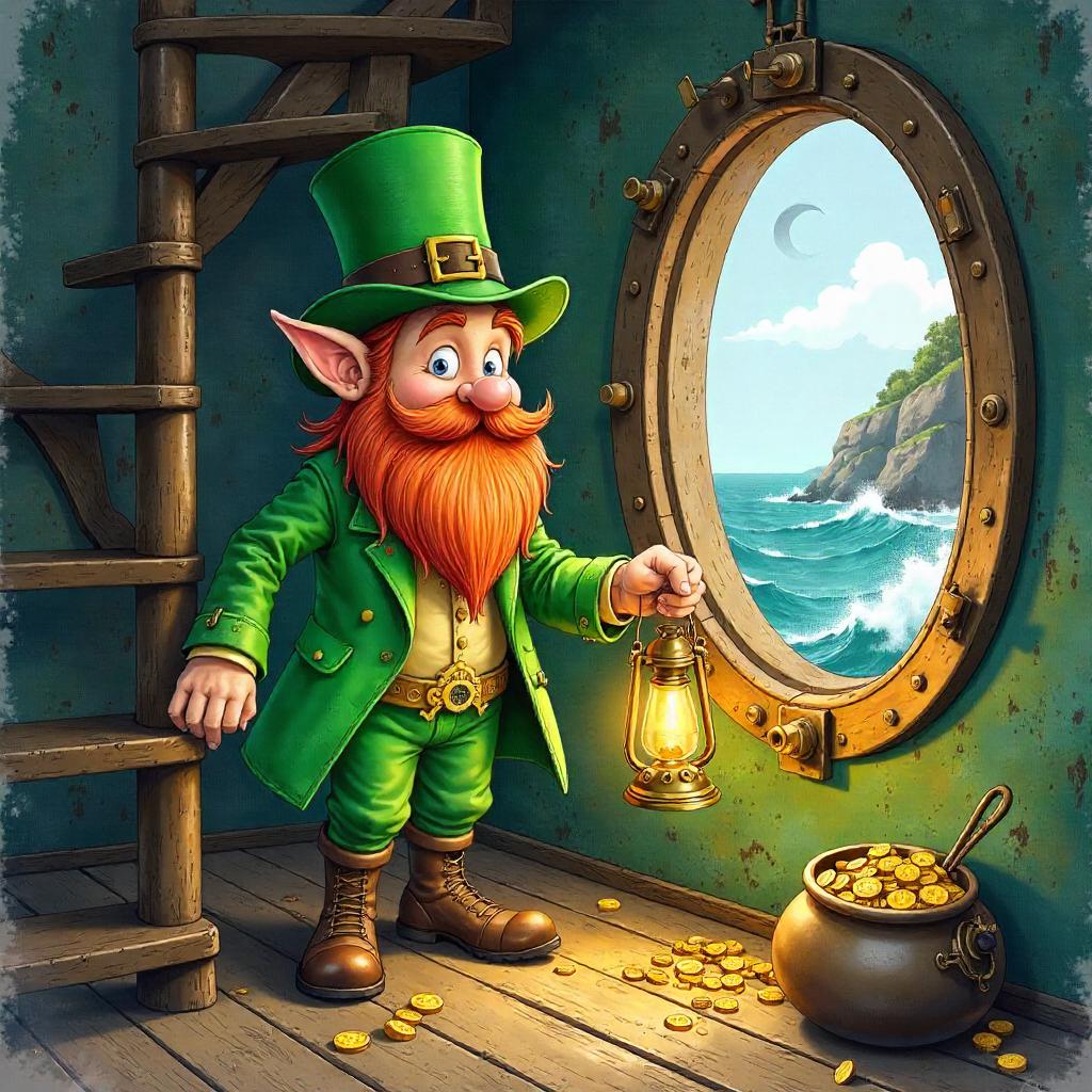 Leprechaun in a Lighthouse Watercolor Scene