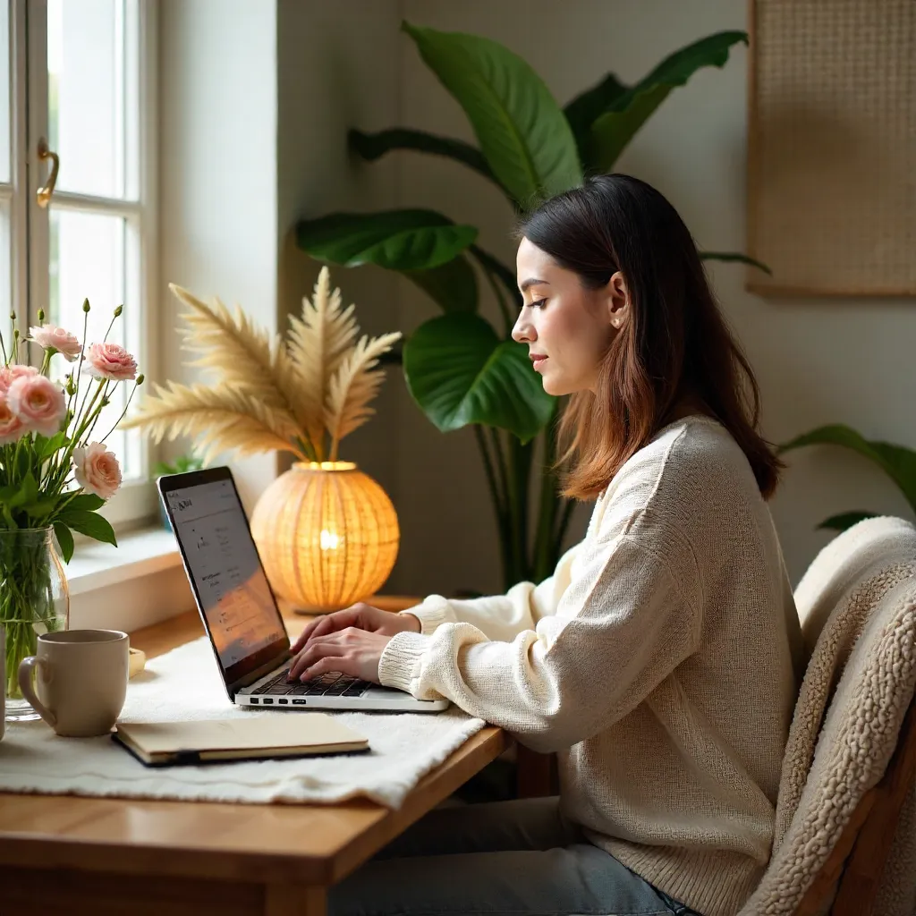 Cozy Home Office Scene with Laptop, Flowers and Woven Lamp