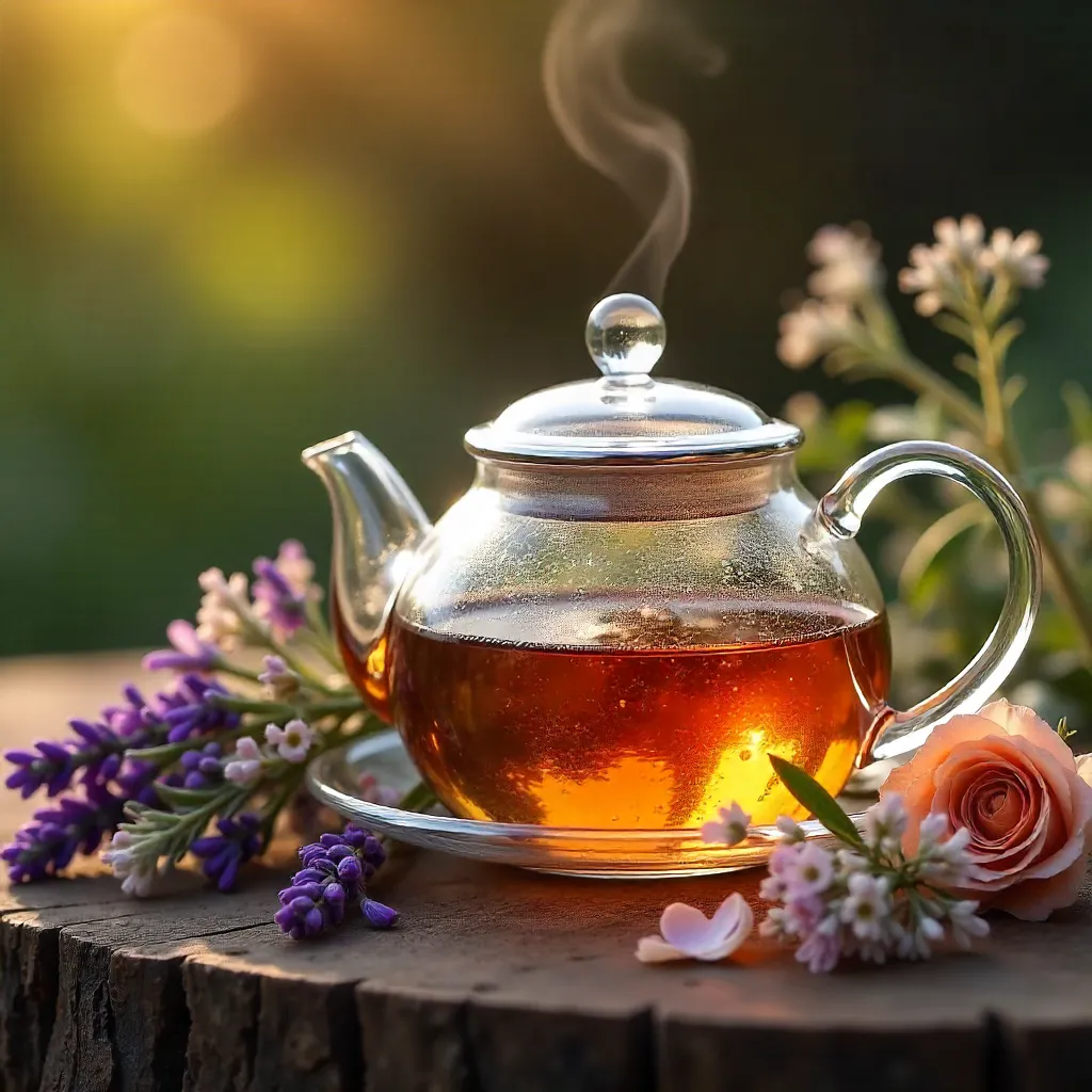 Warm Glass Teapot with Dried Florals - Golden Hour Still Life