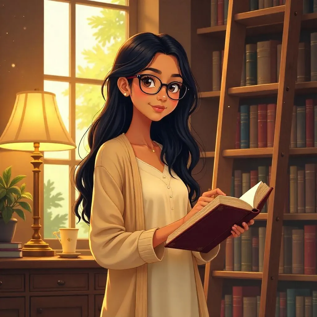 Indian Woman in a Library, Anime Style