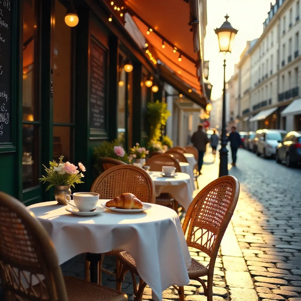 Cozy Paris Café Outdoor Seating with Rattan Chairs