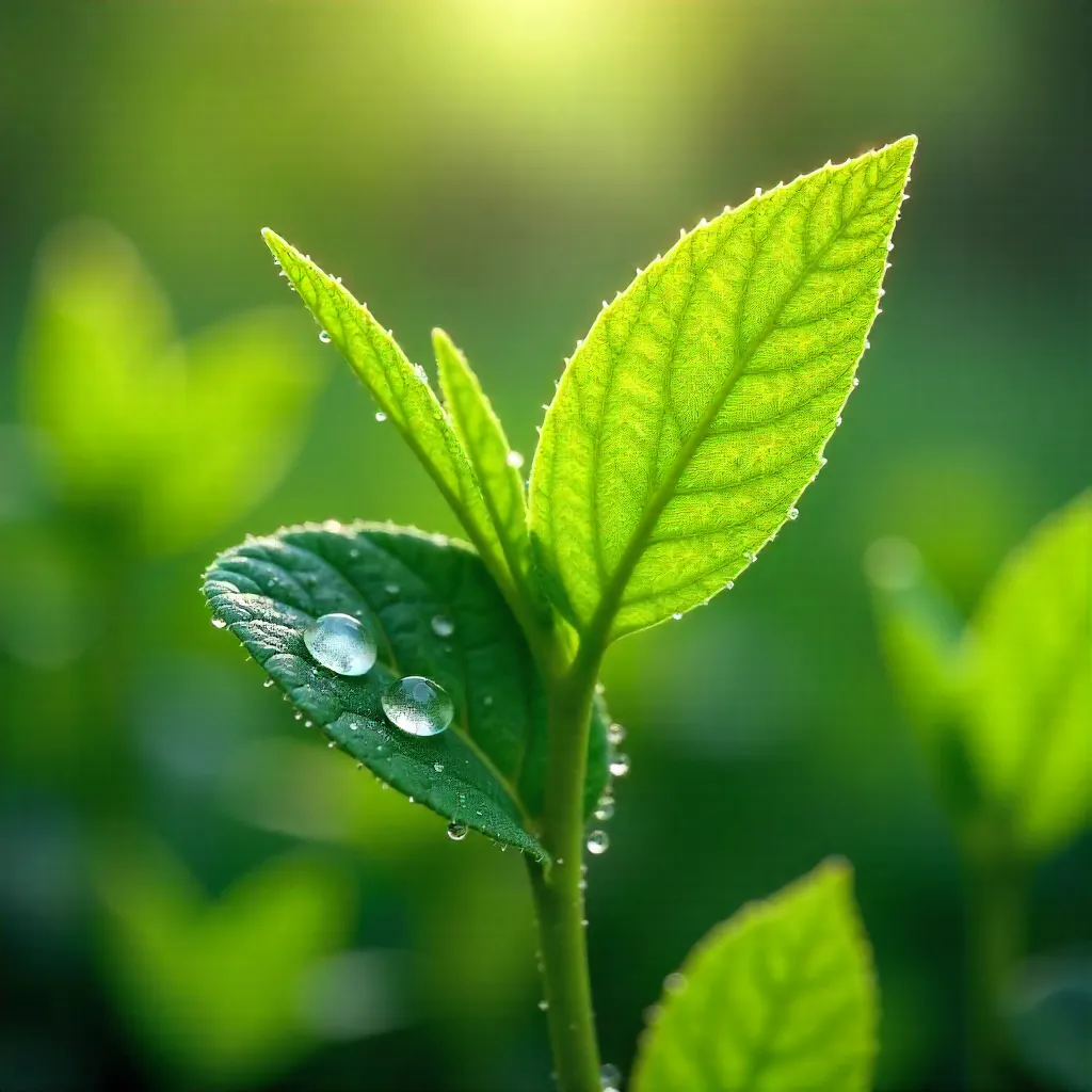 Macro close-up of fresh spring foliage with dewdrops