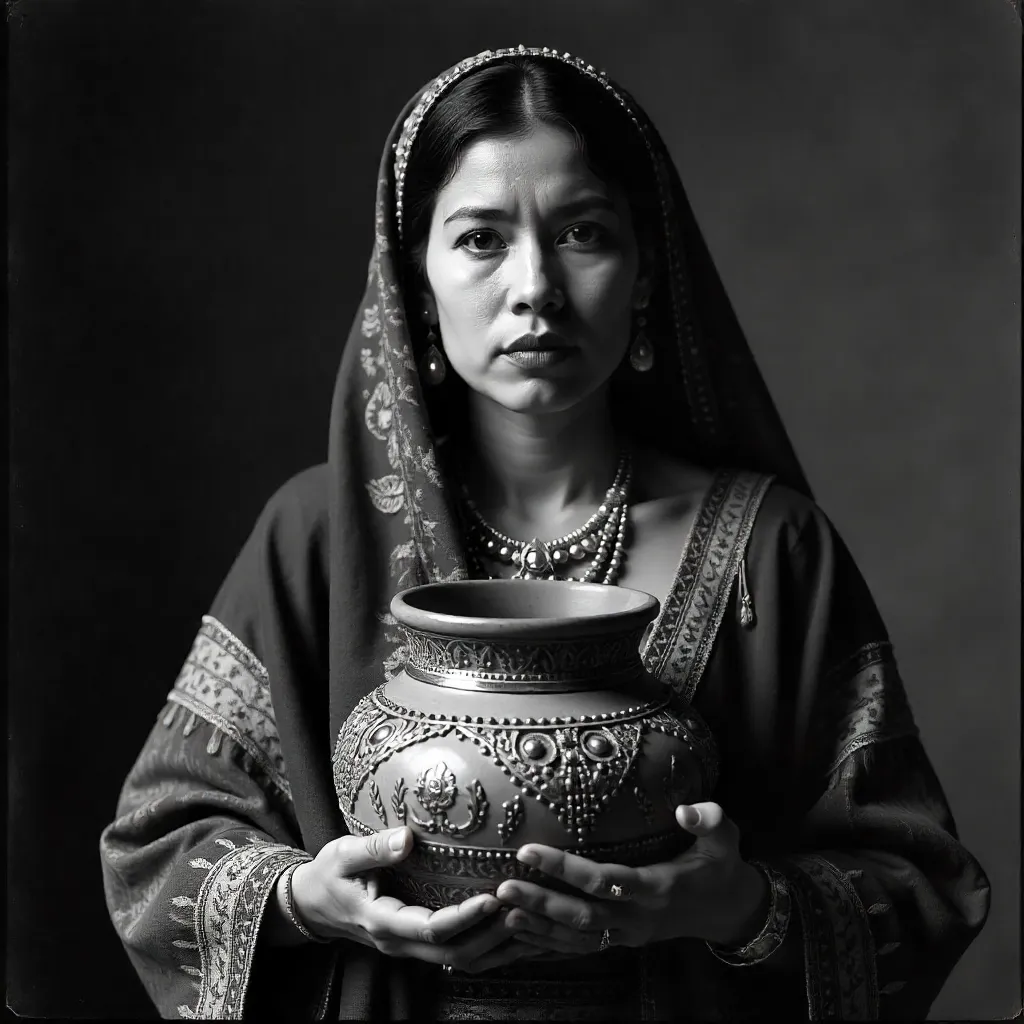 Monochrome portrait: Woman in traditional dress with ornate pot