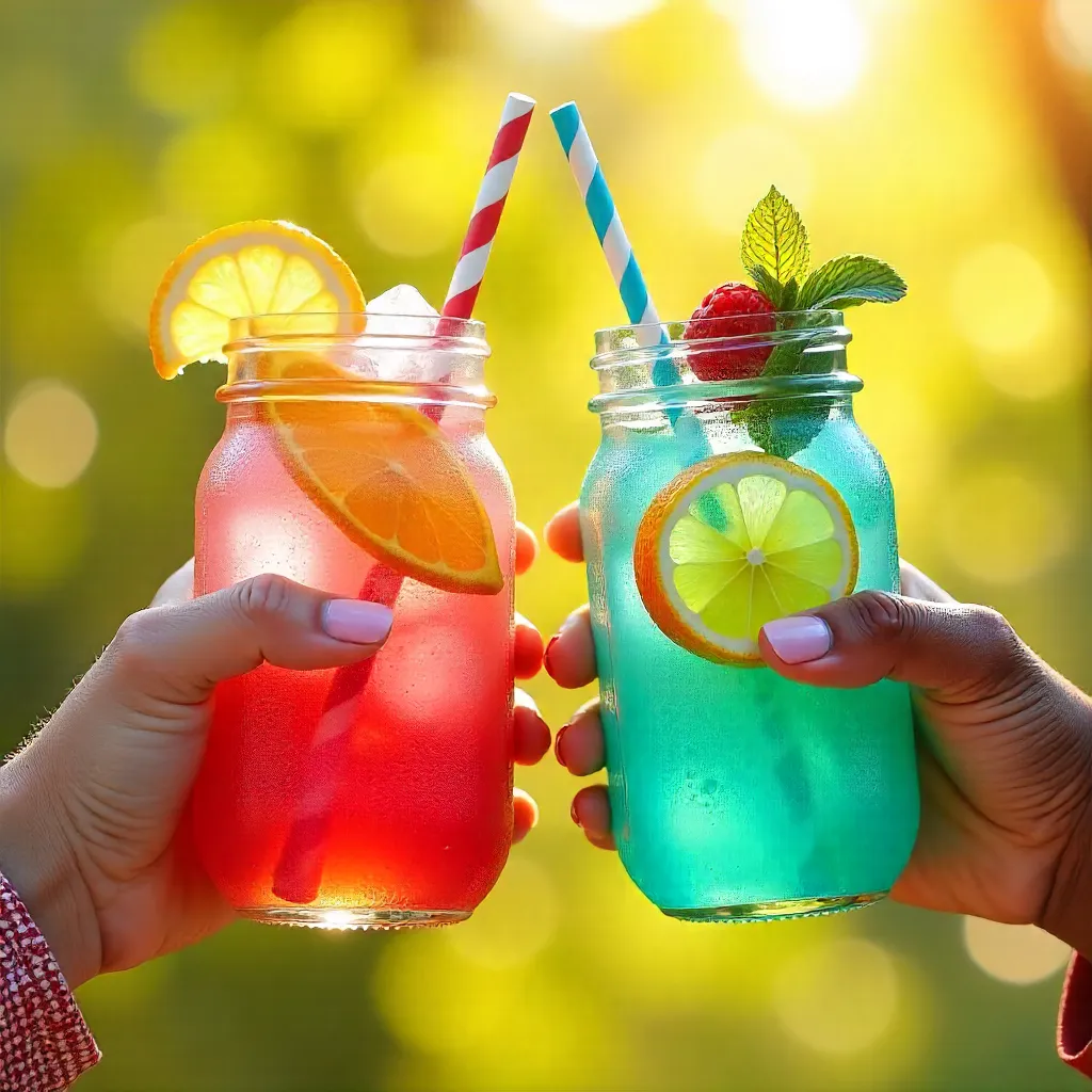 Two Hands Holding Colorful Iced Drinks in Jars