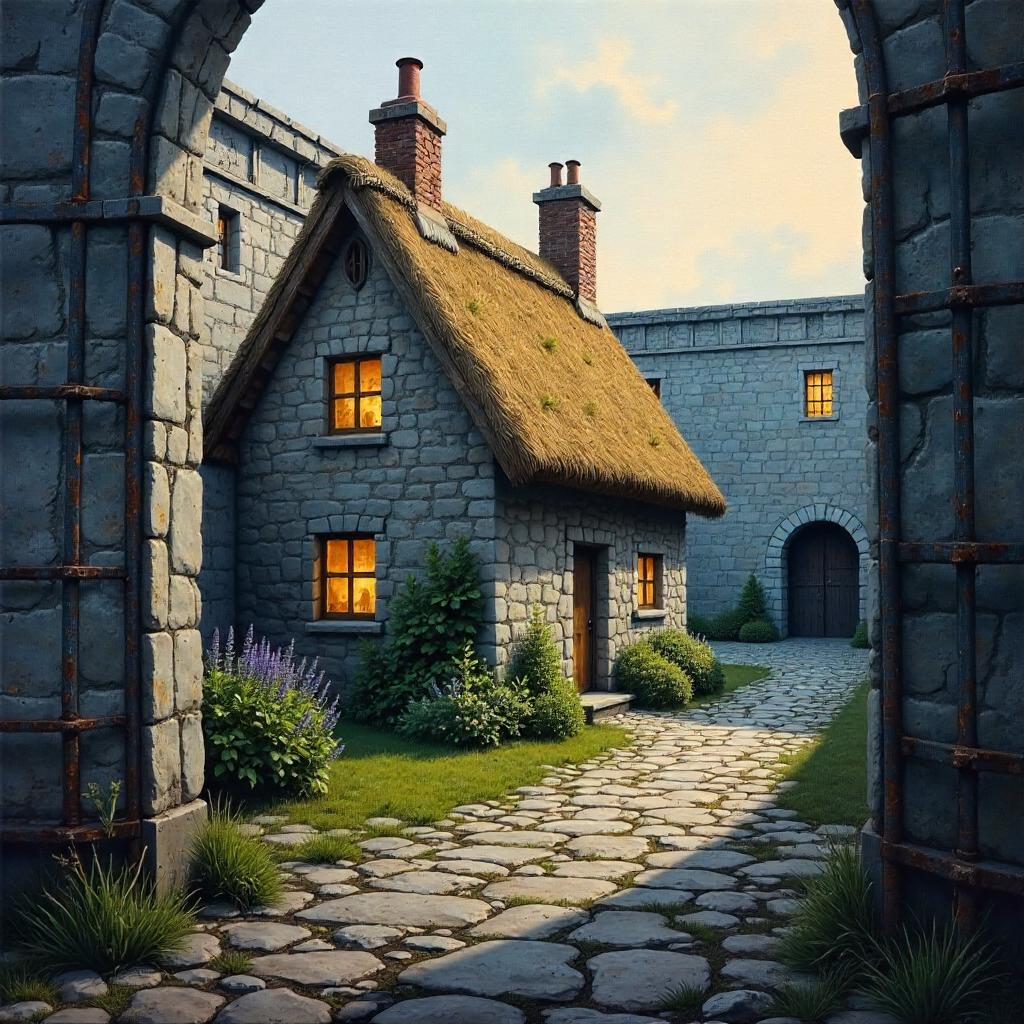Cottage Beneath Prison Walls: An Oil Painting