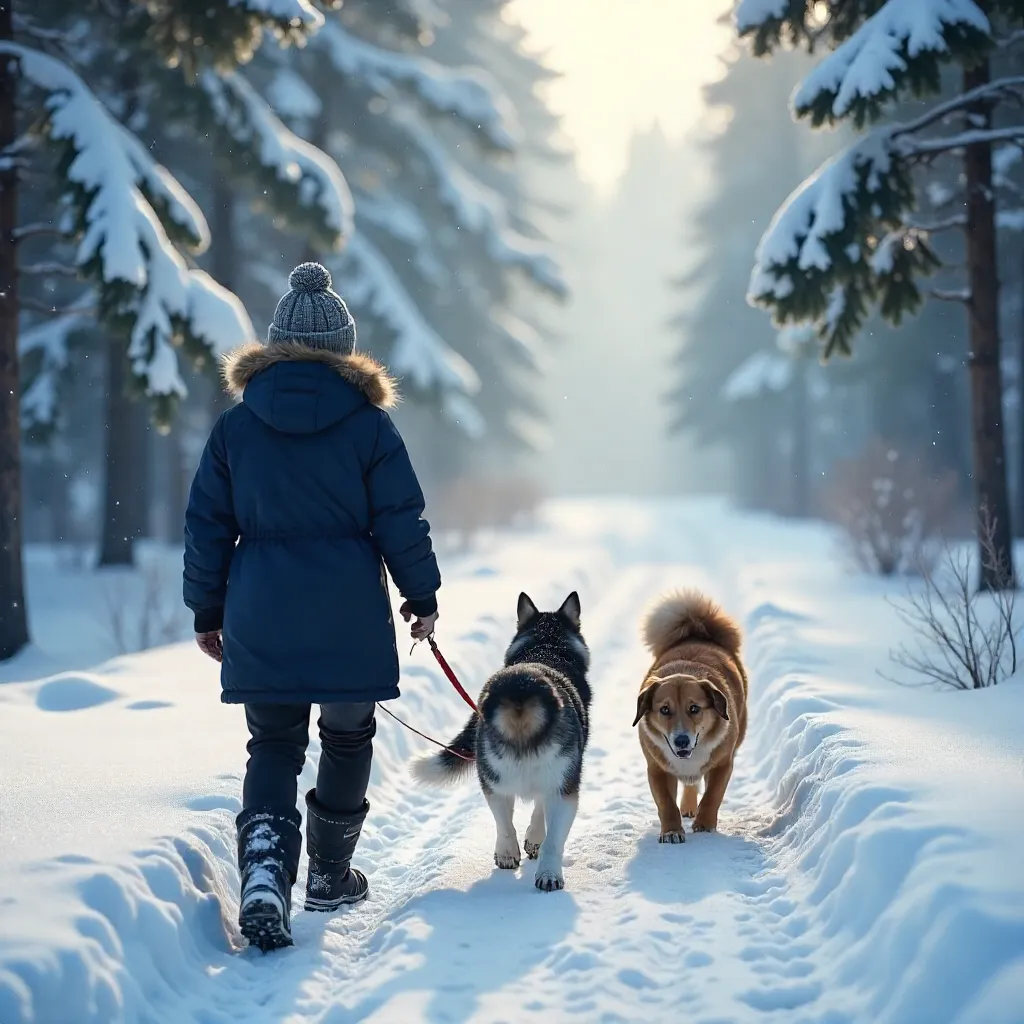 Serene Winter Walk with Three Dogs Through Snowy Forest