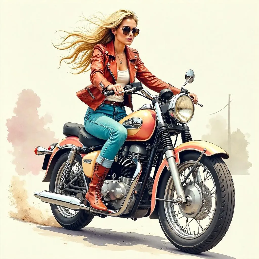 Watercolor Chic: White Girl on a Motorcycle