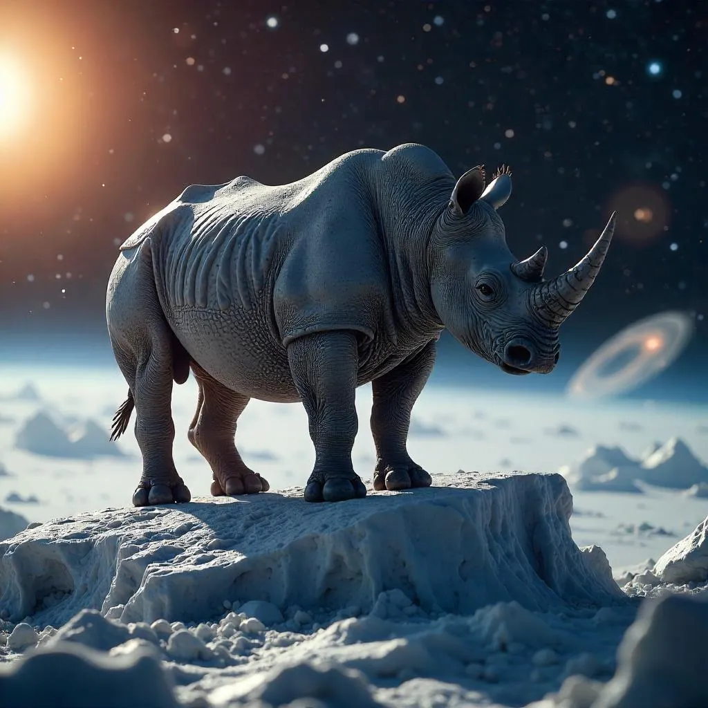 Photoreal Rhino Standing on a Drifting Comet in Space