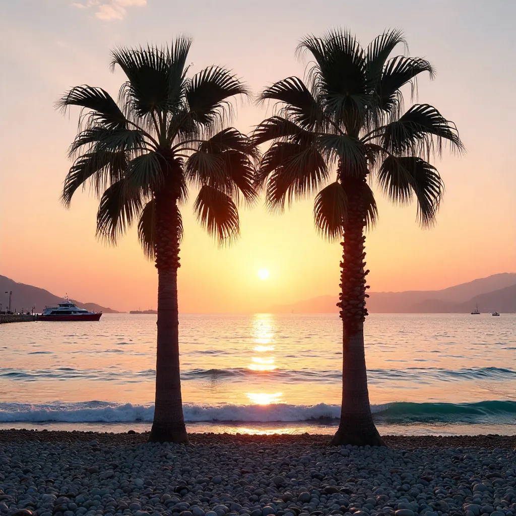 Twin Palms at Sunset over Antalya's Calm Sea