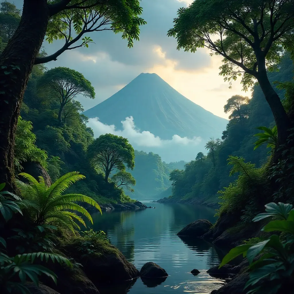 Volcano Over Lush Forest Under Cloudy Sky
