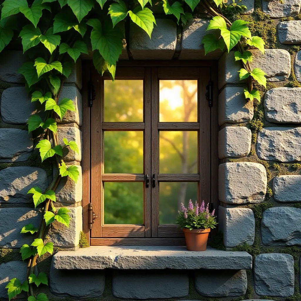 Rustic Stone-Wall Window Framed by Ivy
