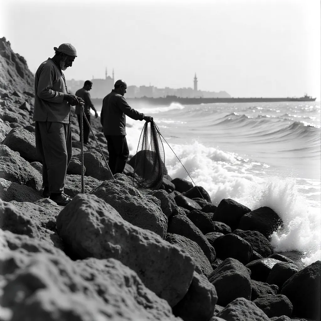 Black and White Fishermen on Rabat's Rocky Coast