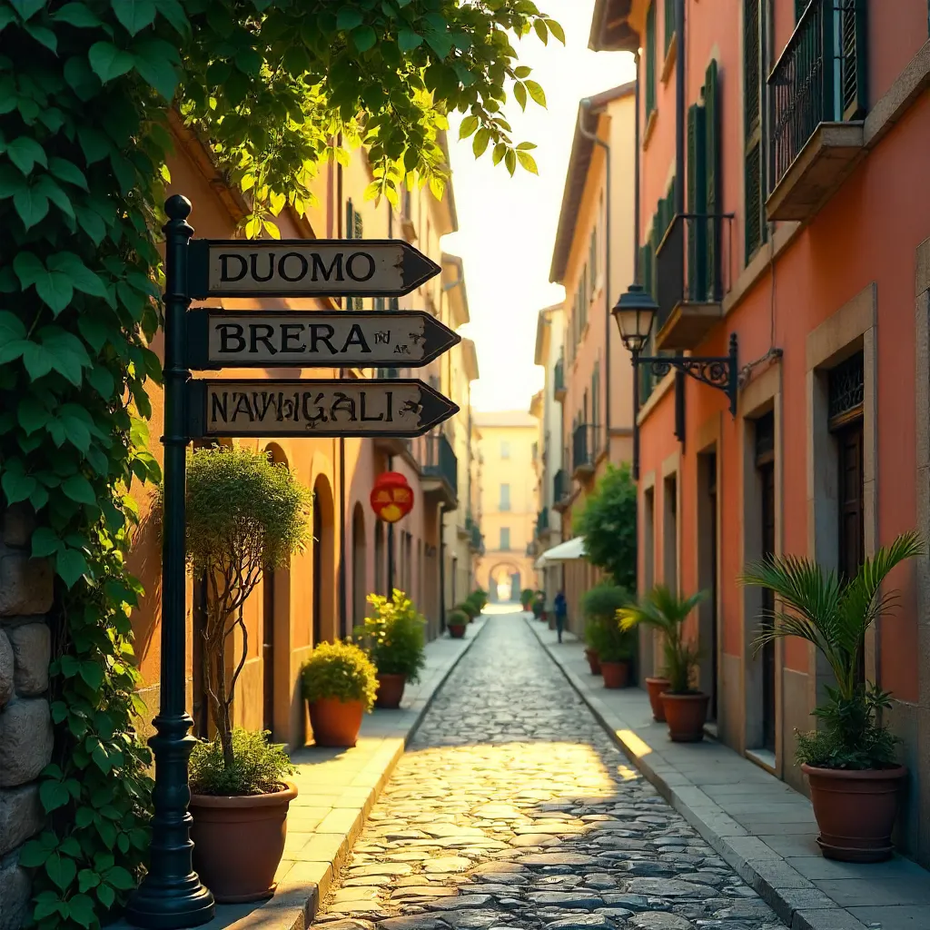 Serene Milan Street with Greenery and Signpost
