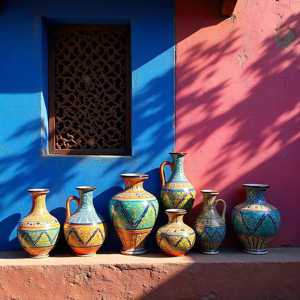 Vibrant Moroccan Pottery on a Painted Wall