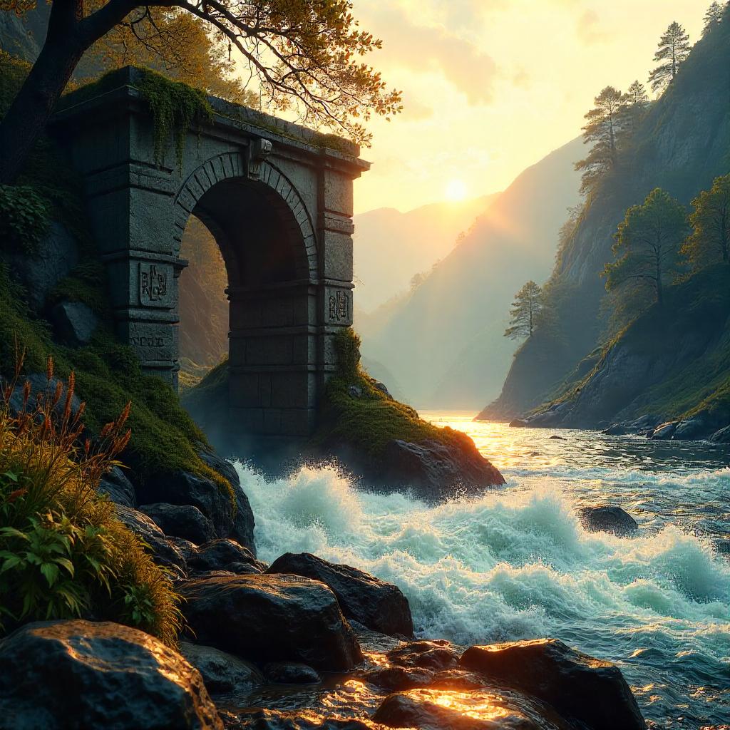 Photorealistic Gateway by a Rushing River
